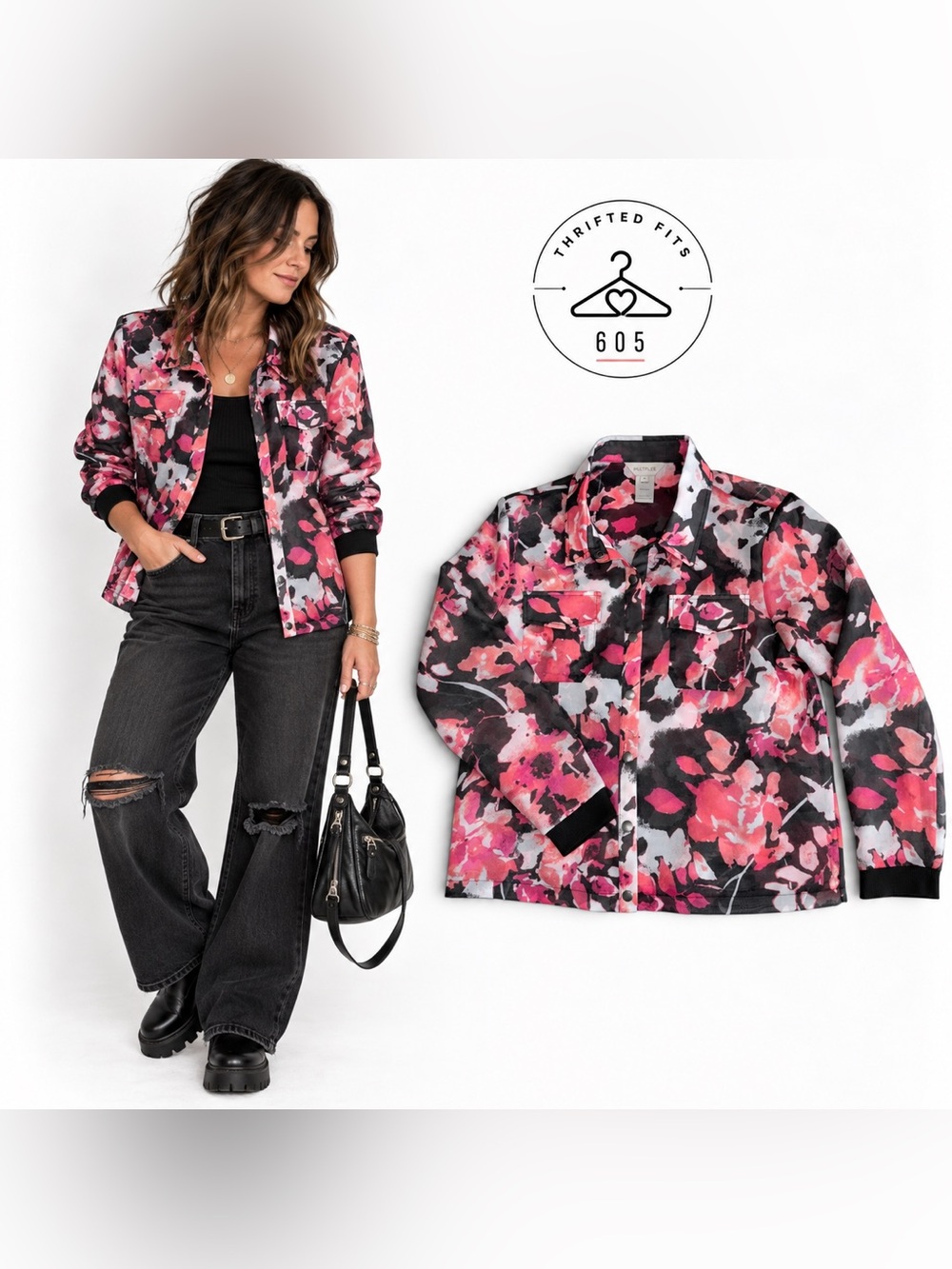 Multiples Sheer Floral Button-Front Shirt Jacket - Pink & Black